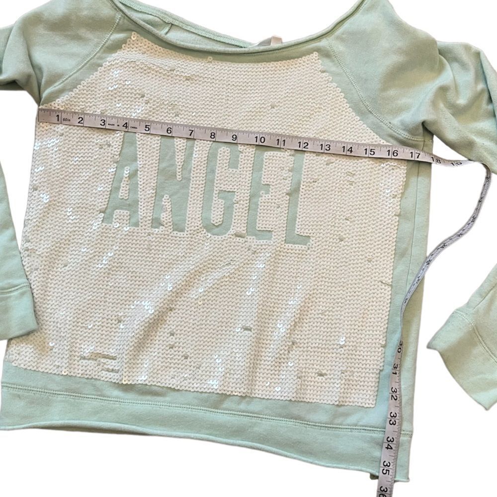VICTORIAS SECRET Mint Sequin Front Wide Neck Fleece Lined Long Sleeve Pullover S - Picture 5 of 7